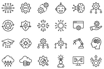 Artificial Intelligence and Automation Technology Line Icons – AI, Machine Learning, Robotics, Neural Networks, Process Automation, Data Science, Smart Algorithms, Digital Transformation, Cloud Comput