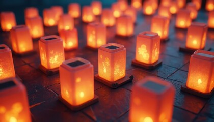 Glowing lanterns arranged on the ground, creating a warm atmosphere for Earth Hour.