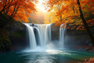 Obraz premium 4K image of a tranquil Autumn Waterfall with Golden Leaves and Gentle Mist