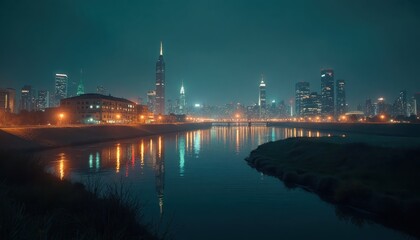 City skyline reflecting on water at night, showcasing eco-friendly electricity during Earth Hour.