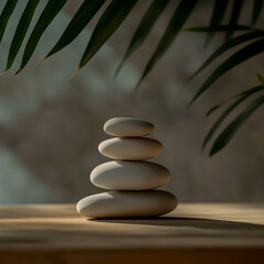Photo of a stack of stones and bamboo leaves on a wooden table