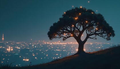Silhouetted tree illuminated with lights against a shadowed city skyline during Earth Hour.