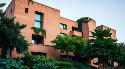 Fototapeta premium A sculptural modern brutalism building with lush greenery, created by generative ai