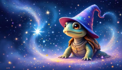 Fototapeta premium Adorable Wizard Turtle Fantasy Art Starry Night Digital Painting