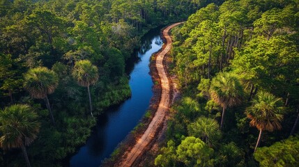 Fototapeta premium Exploring scenic nature trails along the serene river in the lush forest landscape from above