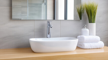 Fototapeta premium Cozy, minimalist interior with modern bathroom sink, wooden countertop, and decorative plants creating serene atmosphere