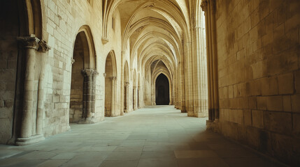 Interior View of Long Corridor with Vaulted Ceiling Detail.