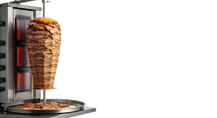 Shawarma Meat on Rotisserie Against White Background