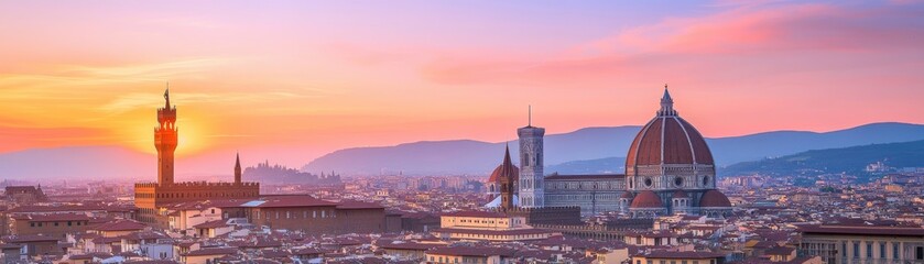 Naklejka premium Sunset over florence captivating cityscape italy landscape photography vibrant colors panoramic view travel inspiration