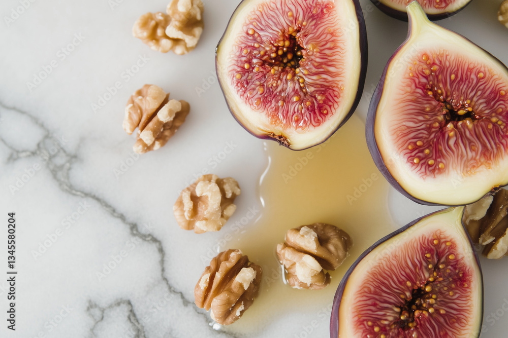 Poster close up of a table with a plate of walnuts and a plate of sliced figs. the walnuts are scattered ar