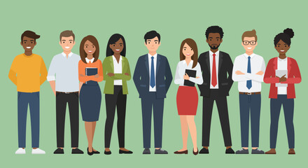 Obraz premium Diverse group of professionals standing together on a green background in a casual pose