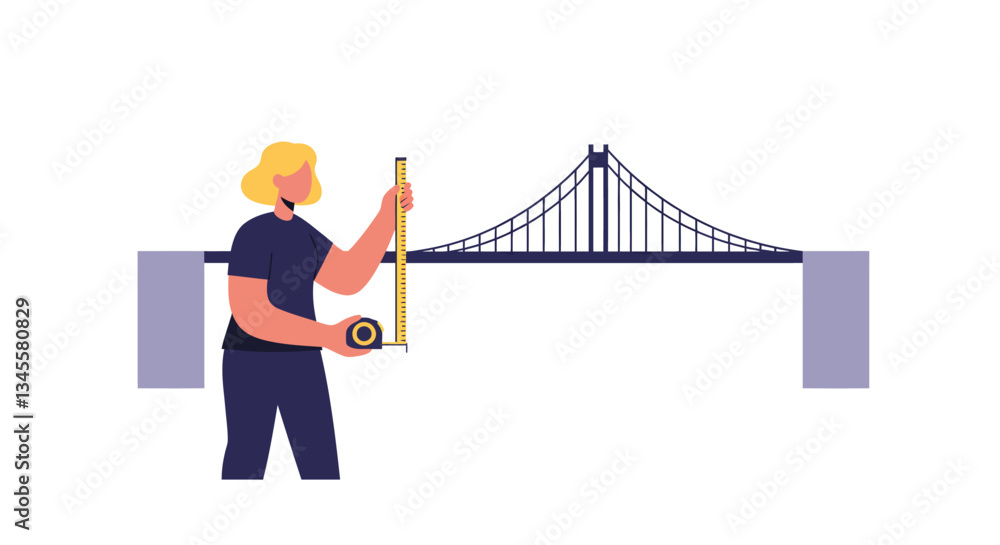 Poster worker measuring bridge span with tape in flat vector art
