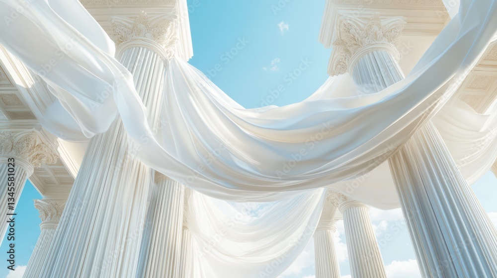 Poster white drapery over ancient columns under a blue sky. possible use stock photo for architecture, desi