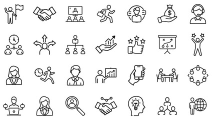 Business and Leadership Line Icons Set – Teamwork, Career Growth, Management, Partnership, Financial Success, Strategy, Networking, Decision Making, Entrepreneurship, Productivity, and Professional De