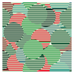 Fototapeta premium A colorful abstract design featuring overlapping circular shapes filled with horizontal stripes in green, red, and blue hues.