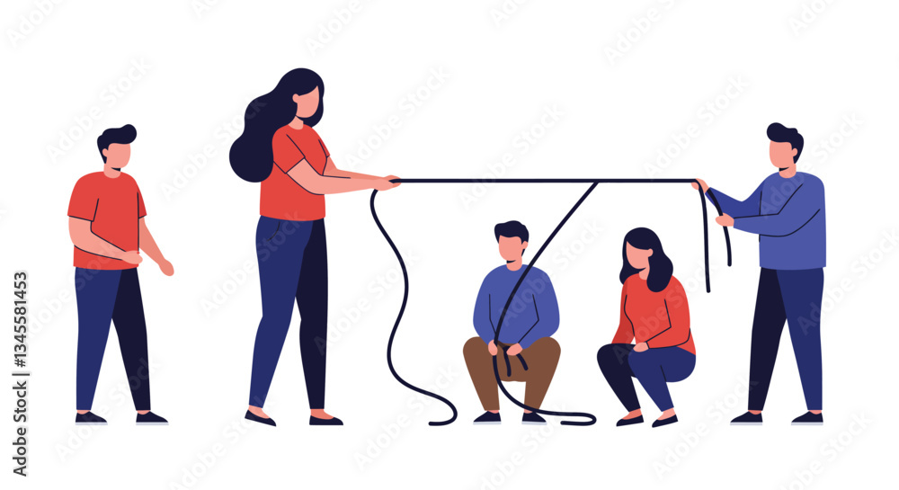 Poster group of people participating in an interactive activity using minimal vector art illustration