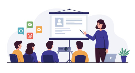 Presentation scene featuring a speaker and audience in flat vector art style