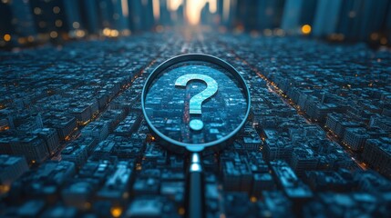 questions about business and job magnifier and many question marks on cityscape background