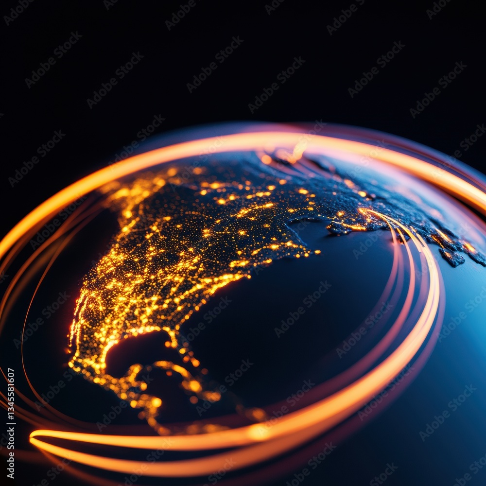 Poster Illuminated Digital Connectivity Hyper-Realistic Global Network Visualization with Geospatial Data Mapping - Next-Gen Tech Innovation for Transformative Business Intelligence