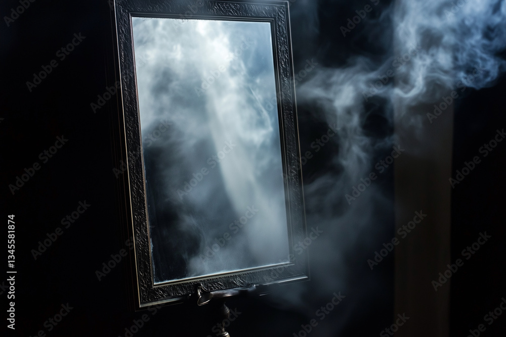 Aufkleber mirror is reflected in a foggy window. the mirror is surrounded by smoke, creating a mysterious and 