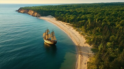 Sailing adventure on a vintage ship serene beach aerial view coastal forest tranquil nature scene
