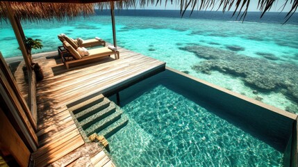 Luxurious overwater bungalow retreat with infinity pool overlooking turquoise ocean