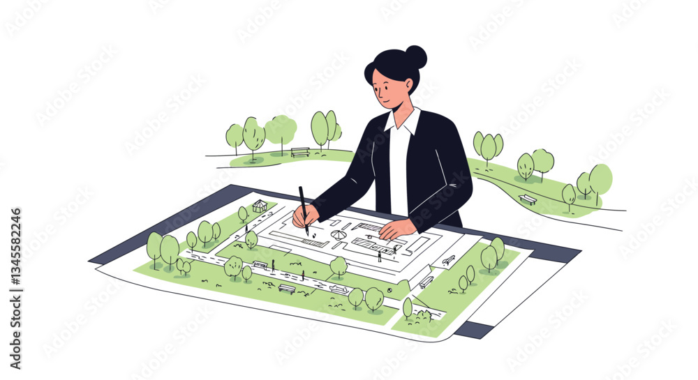 Poster architect designing a building layout with greenery in flat vector art