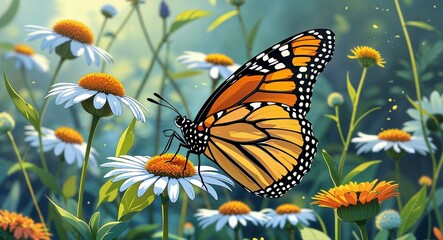 Monarch Butterfly Resting on a Daisy in a Pollinator Garden anime cartoon illustration design