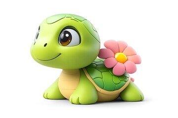 Fototapeta premium Cute turtle with flower. Cartoon character on white background for children's book or design