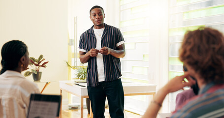 Confident, presentation and man in classroom, education and notes for speech in college or...