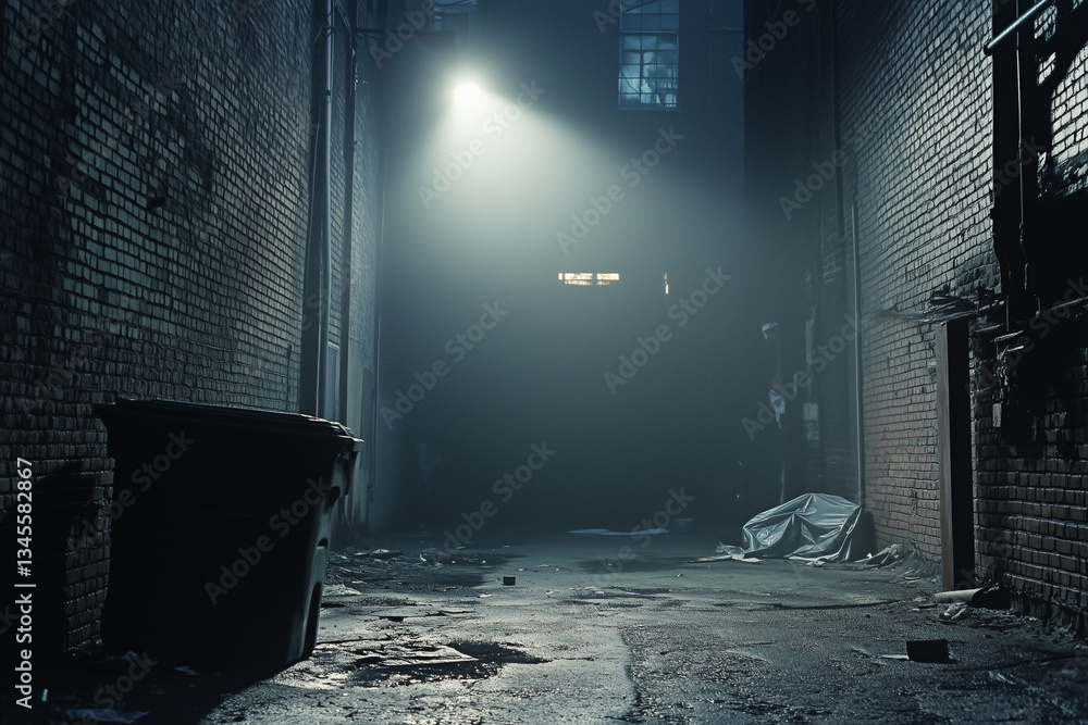 Poster dark room with a trash can in the corner. the trash can is full of garbage and the room is dimly lit