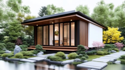 Fototapeta premium Modern Tiny House in a Zen Garden