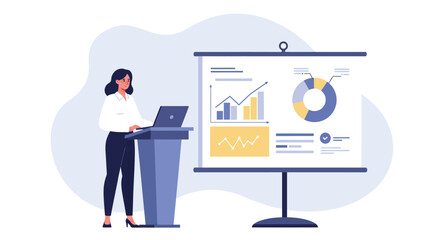 Businesswoman presenting data in a modern office setting with flat vector art style vector illustration
