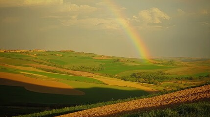 Obraz premium Rolling hills landscape with a vibrant rainbow after a rain shower.