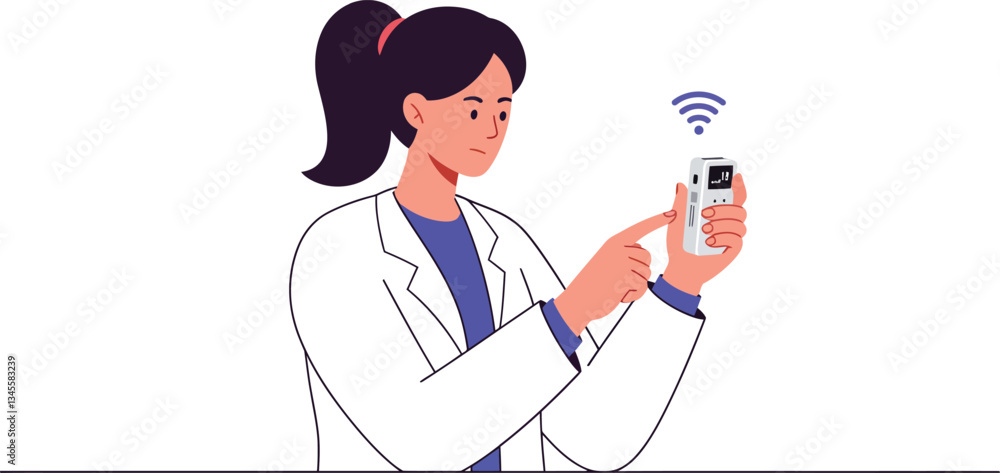 Poster medical professional using device to capture data in flat vector art