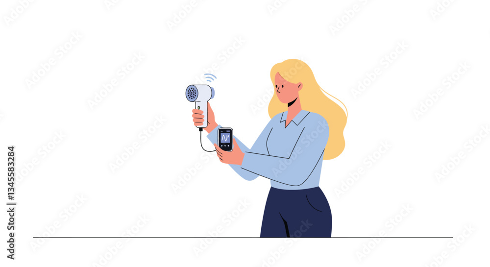 Poster woman using handheld fan while checking smartphone in flat vector art
