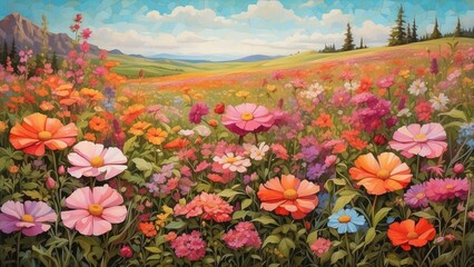 Obraz premium A vast meadow filled with vibrant wildflowers of pink, red, and orange hues.