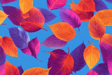 Fototapeta premium Vibrant autumn leaves falling on a bright blue background.