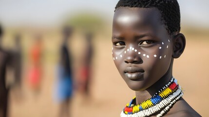 Close up portrait of a young Sudanese student wearing a structured school uniform with vibrant cultural accessories and details reflecting their heritage and identity