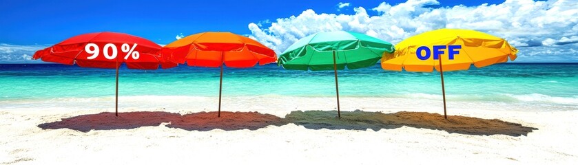 Colorful Beach Umbrellas with Discount Signs by the Ocean Shore