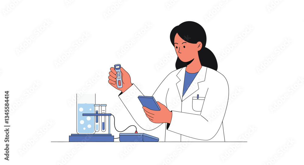 Poster scientist in lab coat conducting experiments with lab equipment in flat vector art
