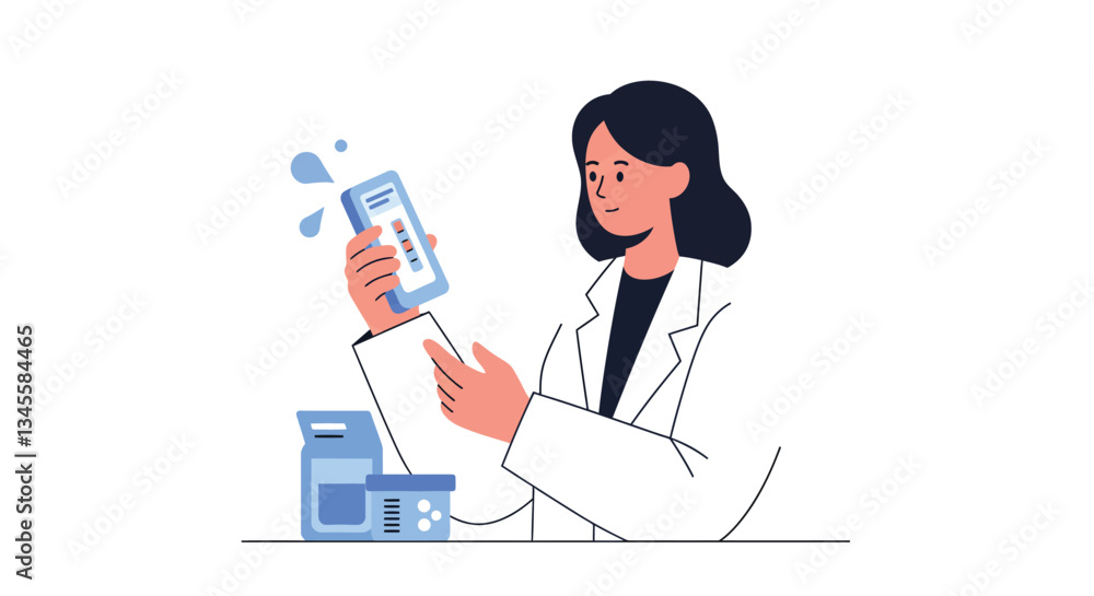 Poster scientist examining new product in lab coat with flat design vector art