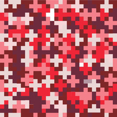 Abstract pixelated camouflage pattern in shades of pink, red, and dark red, creating a textured and layered appearance.