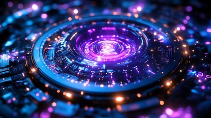 A central quantum processor glowing with vibrant light, surrounded by intricate circuits pulsating with neon energy, radiant blue and purple hues illuminating the design,