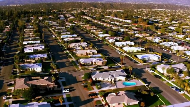 Aerial birds eye view, Van Nuys neighborhood suburb in Los Angeles, California