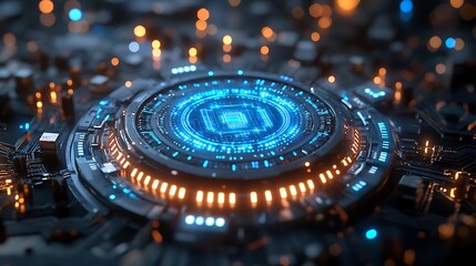 Fototapeta premium A dark void illuminated by a central glowing quantum chip, intricate circuits radiating neon blue light, pulsating energy waves spreading into the emptiness,