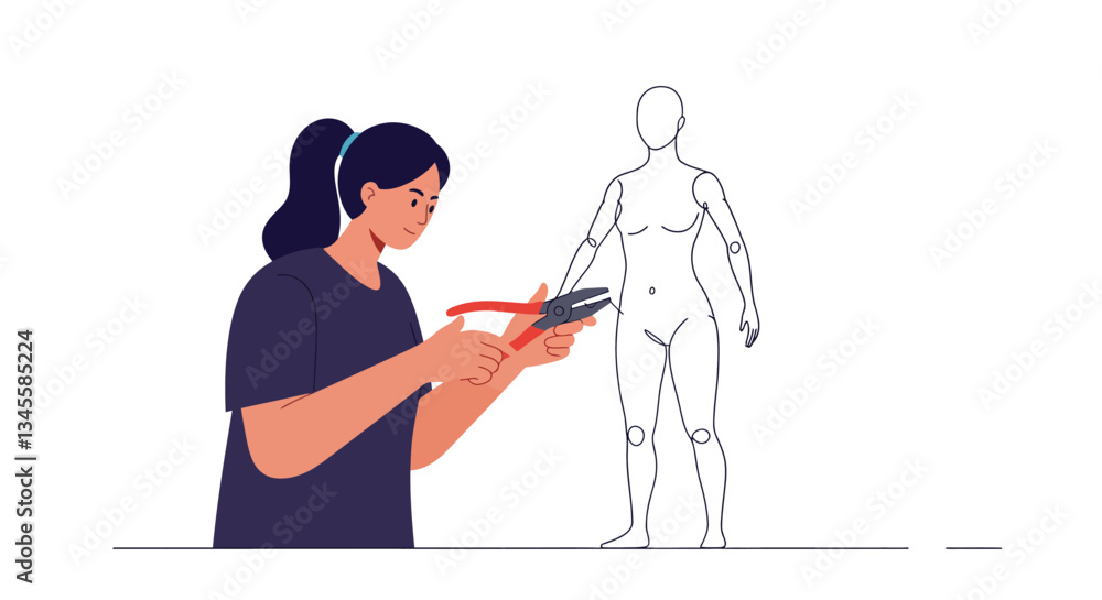 Poster woman using tools to create model in flat vector art style