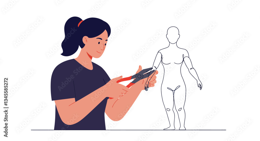 Aufkleber woman using scissors to create an outline in flat vector art