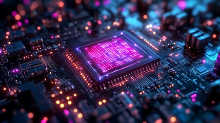 Obraz premium A dark void with a glowing quantum processor at its center, intricate circuits radiating dynamic neon colors, surrounded by holographic energy waves and luminous particles,