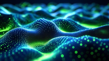 A dimensional abstract quantum system, data waves pulsating through multi-layered circuits, vibrant neon blue and green lights illuminating floating pathways, intricate holographic patterns,